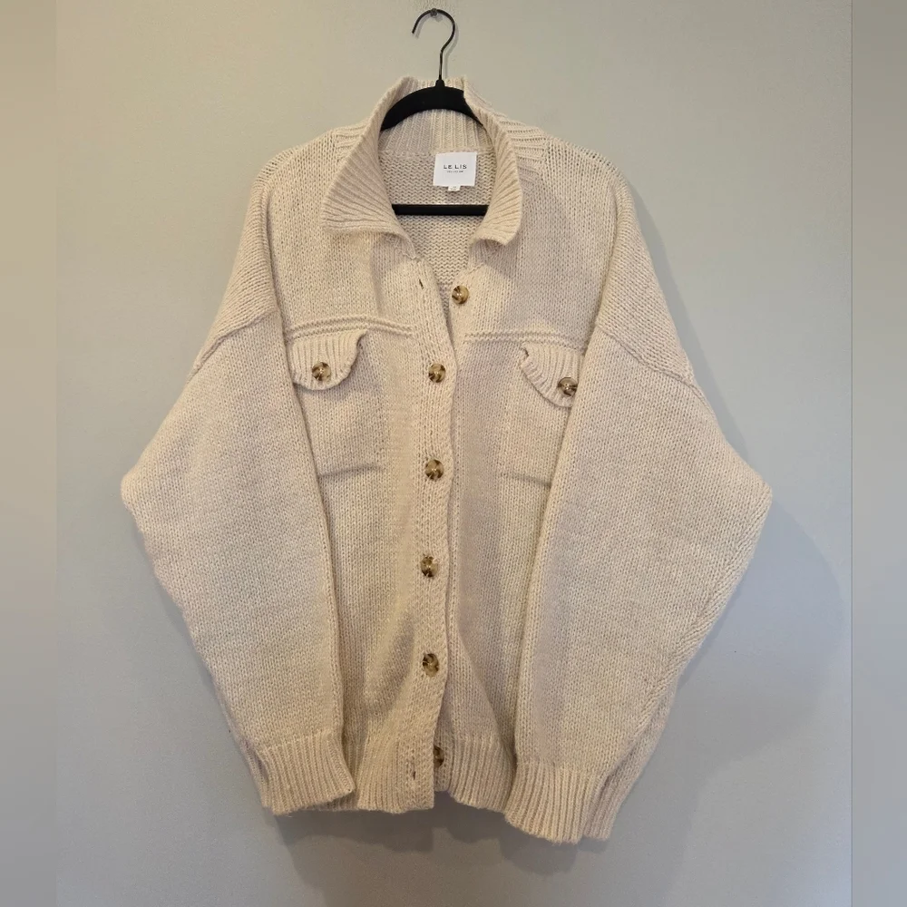 Le Lis Cream Oversized Button-Up Knit Cardigan